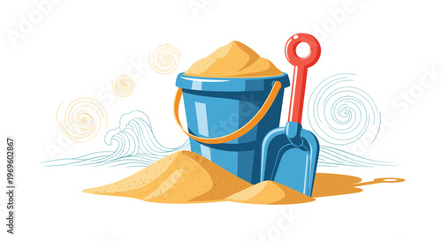 Blue plastic bucket filled with sand and a shovel standing on a beach with ocean waves and wind swirls in minimalist flat design style.