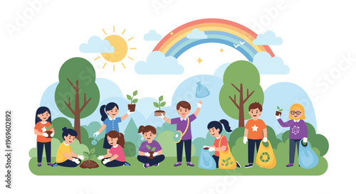 Group of children working together to plant trees and collect trash in a public park to protect the local environment and nature.