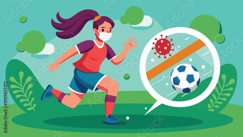 Girl wearing a mask runs on a field while avoiding a soccer ball and a virus symbol during a sports activity