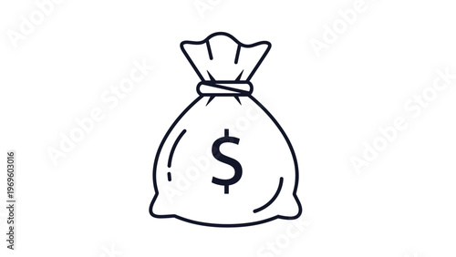 Simple line art illustration of a traditional money bag tied at the top with a bold dollar sign symbol in the center.