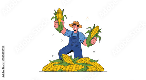 Happy farmer holding large ripe ears of corn standing on a pile of corn harvest for agriculture and organic farming industry concept.