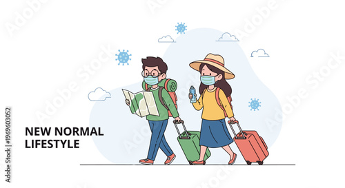 Man and woman wearing face masks carrying backpacks and luggage for travel during the new normal lifestyle after a global pandemic era.