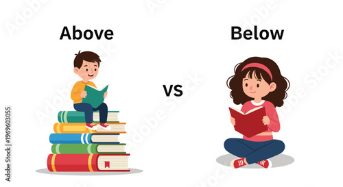 Educational visual aid for children demonstrating the concepts of above and below using books and kids on a white floor.