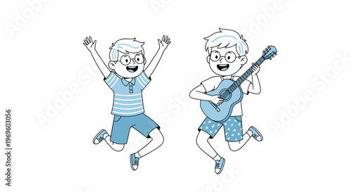 Two happy young boys with glasses where one is jumping with joy and the other is playing a blue acoustic guitar.