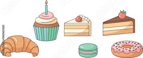 Sweet bakery dessert icons vector illustration with croissant cupcake cake donut and macaron, colorful pastry collection for cafe menu and confectionery design