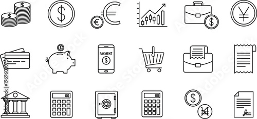 Finance and banking line icons with money payment savings investment and business transaction symbols