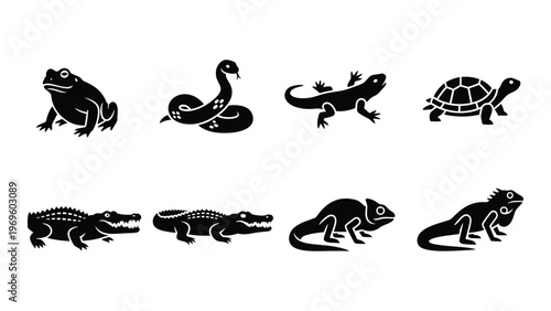 A collection of reptile and amphibian silhouettes including a frog snake lizard turtle and crocodile silhouette high quality professional detailed modern