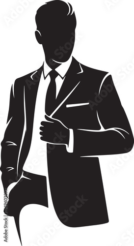 Silhouette of businessman in suit adjusting necktie against plain light background