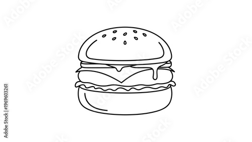 Detailed black and white line art illustration of a delicious hamburger featuring a bun with seeds, lettuce, cheese, and a patty.