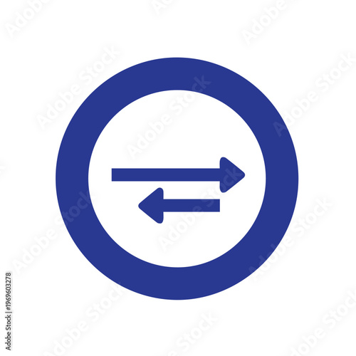 Blue circular graphic featuring parallel arrows pointing in opposite directions representing transfer and movement.