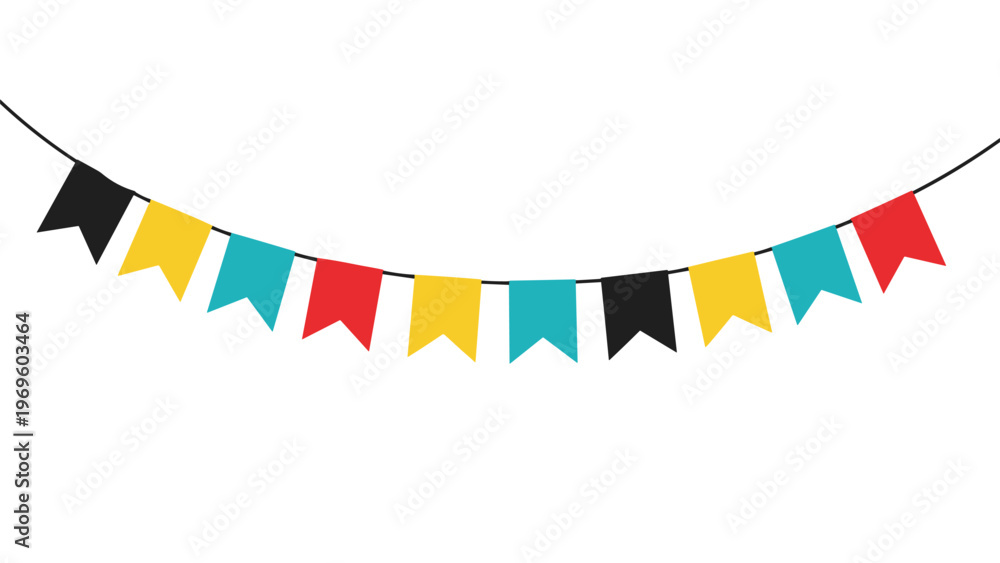 Obraz premium Colorful bunting flags hanging on a thin line with black, yellow, red, and blue pennants for celebration and party decoration theme design.