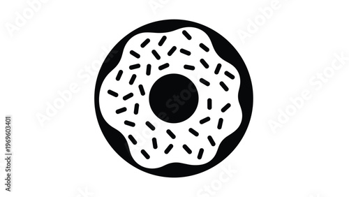 Black and white silhouette of a delicious donut with white icing and chocolate sprinkles isolated on white background for bakery concepts.