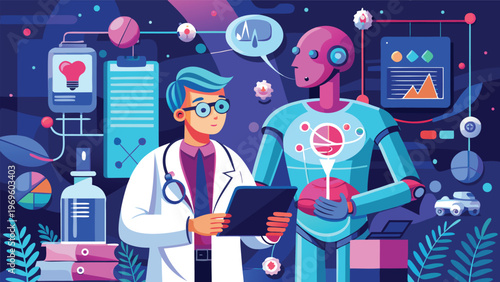 Robotic and human interaction in a lab setting with technology and data analysis displayed on screens