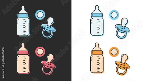 Various colors of baby bottles and pacifiers set against dark and light backgrounds in flat line art style for infant care products set.