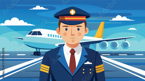 Pilot stands in front of airplane on runway with clear sky and clouds during day