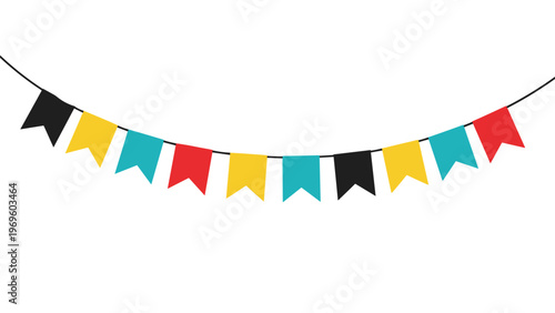 Colorful bunting flags hanging on a thin line with black, yellow, red, and blue pennants for celebration and party decoration theme design.