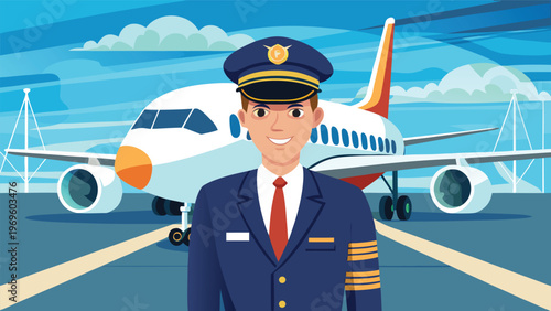 Pilot stands on runway in front of airplane during sunny day with clouds in background and airport equipment nearby