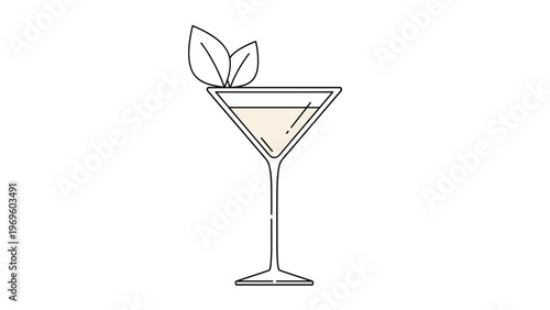 Elegant cocktail glass with a light-colored drink garnished with two green leaves in minimal line art style for bar and beverage menu card.