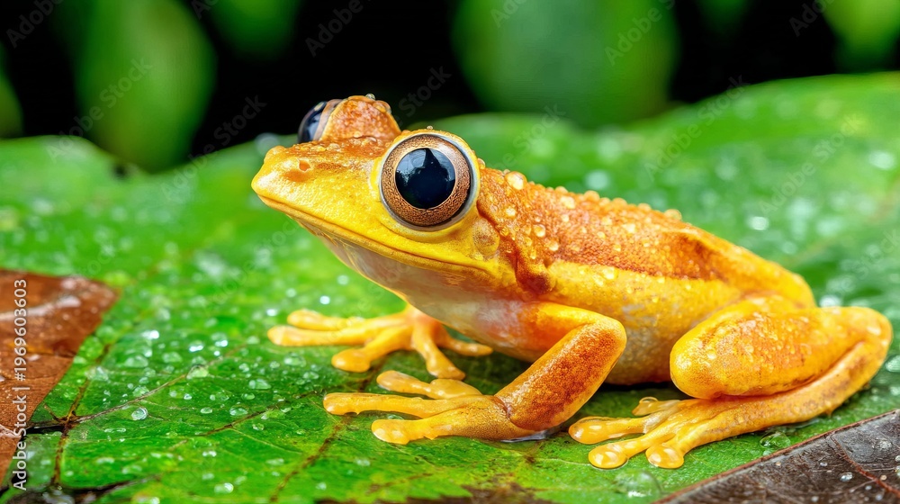 Fototapeta premium Bright Orange Frog Clinging to Wet Leaf in Lush Natural Environment