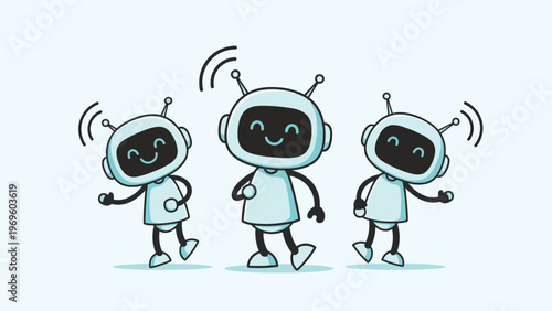 Three cute little robots dancing and waving with antennas and happy faces in a friendly illustration for artificial intelligence themes.