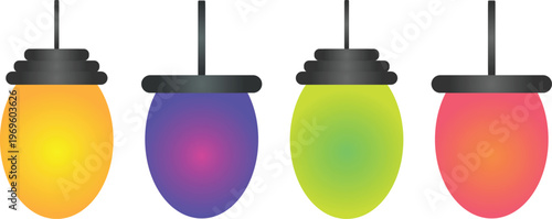 Four brightly colored light bulbs dangle vertically, illuminating the scene with warm and cool gradients