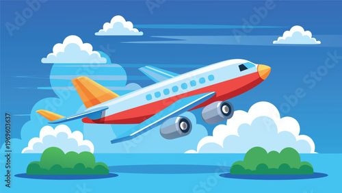 Airplane takes off into the sky with clouds and greenery below during a bright day over the ocean