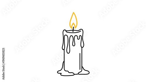 Single lit candle with melting wax and a bright yellow flame in a simple black outline drawing for warm atmosphere and light concepts theme.