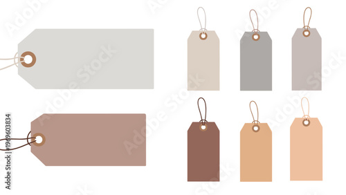 Collection of various rectangular gift tags and labels in earth tones for retail price stickers or personalized holiday present cards theme.