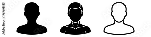 A set of minimalist user profile avatar icons featuring various male silhouettes in solid black and outline styles.