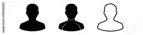 A set of minimalist user profile avatar icons featuring various male silhouettes in solid black and outline styles.