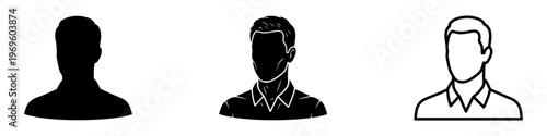 A set of minimalist user profile avatar icons featuring various male silhouettes in solid black and outline styles.