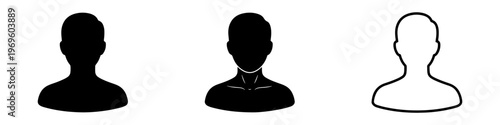 A set of minimalist user profile avatar icons featuring various male silhouettes in solid black and outline styles.