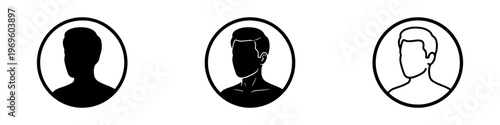 A set of minimalist user profile avatar icons featuring various male silhouettes in solid black and outline styles.