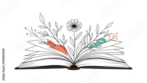 Open book with delicate flowers and leaves growing out of it overlaid with soft pastel shapes for literary and education design themes art.