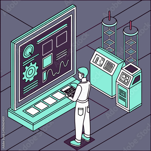 A person in a white lab coat interacting with a large computer screen