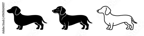 A set of minimalist dog icons featuring a dachshund silhouette in solid black, detailed black, and thin line art styles.
