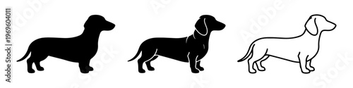 A set of minimalist dog icons featuring a dachshund silhouette in solid black, detailed black, and thin line art styles.