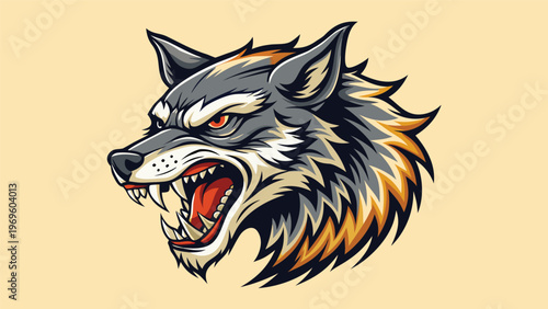 Wolf head design with sharp features and fierce expression in color on light background