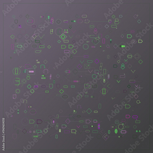 Glyph Matrix abstract background with symbols, grid, and system elements; sparse composition, cool palette, experimental mood.