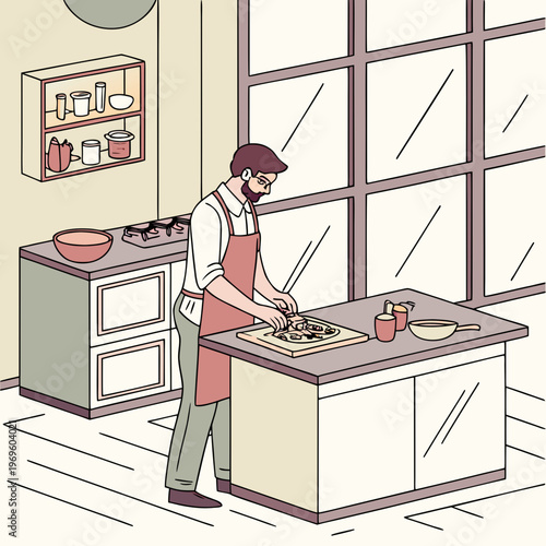 Man wearing apron preparing food on kitchen counter