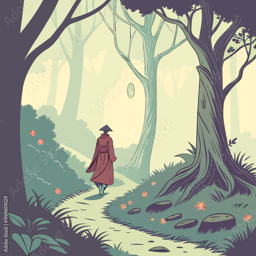 A man in a red coat walks down a forest path