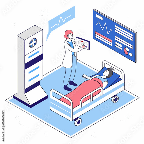 Doctor and patient in a hospital room with medical equipment