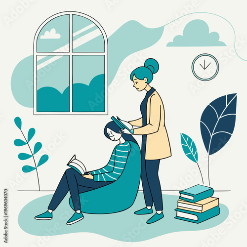 A woman cuts a man's hair in a cozy room