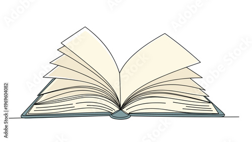 Open book illustration with multiple white pages flipping in motion against a clean white background symbolizing reading and education.