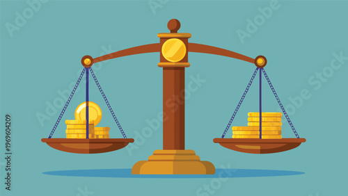 Balance shows coins and stacks of gold in an illustration about finance and trade during a business activity