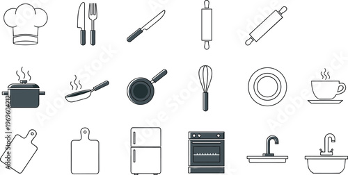 Kitchen and cooking outline icons vector illustration with utensils appliances and cookware, minimal line symbol set for restaurant, menu and web design