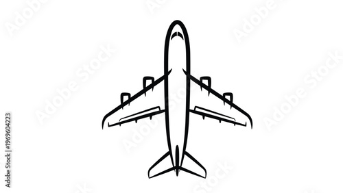 Minimalist black and white outline illustration of a commercial airplane viewed from above against a stark white background for travel.