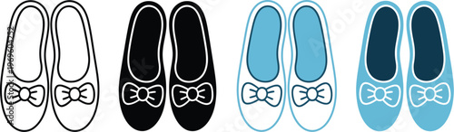 Women ballet flat shoe icon set, vector collection with ribbon bow for fashion footwear apparel design and elegant style branding.