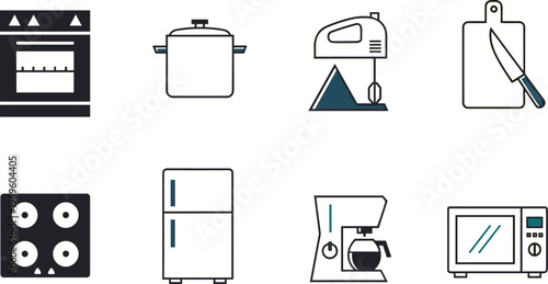 Kitchen appliances and cooking tools icons vector illustration with oven mixer fridge and microwave, minimal flat set for home, restaurant and web design
