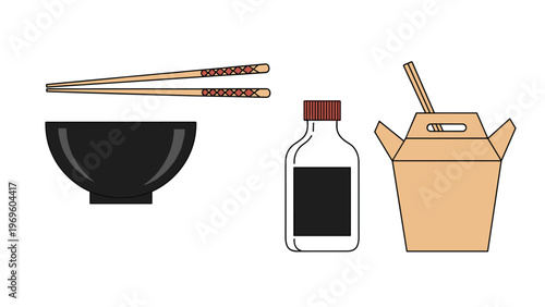 Asian cuisine illustration set featuring a black bowl chopsticks a small bottle and a brown paper takeout box with more chopsticks inside.